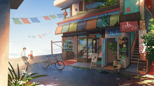 Alone Boy By The Cafe Cartoon Art Wallpaper