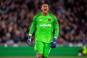 Alphonse Areola Celebrating Intensely On The Soccer Field Wallpaper