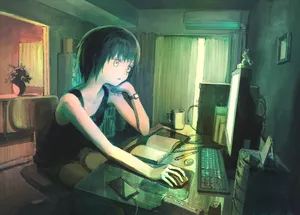 An Anime Boy Sits In Front Of A Computer Dreaming Of A Better World. Wallpaper
