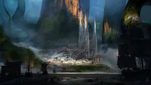 An Epic View Of A Castle Surrounded By Stunning Mountains And Rugged Rocks Wallpaper