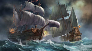 Ancient War Ship In Ocean Wallpaper