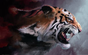 Angry Tiger Side View Painting Wallpaper