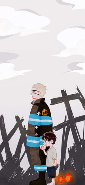 Animated Firefighterand Child Wallpaper