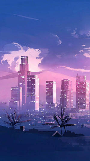 Animation Blue And Pink City Wallpaper