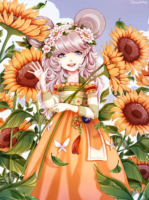 Anime Art Girl Sunflower Field Wallpaper