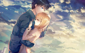 Anime Couple Embrace Under Starlit Sky Wallpaper