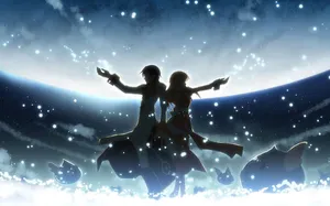Anime Couple Standing In The Sky With Stars Wallpaper