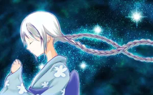 Anime, Girl, Glow, Outer, Space, Kimono, Smile Wallpaper