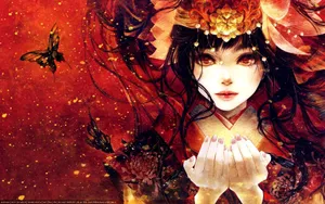 Anime Girl In Red Kimono Wallpaper