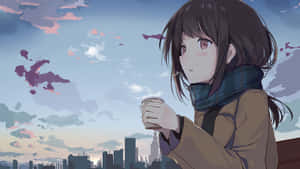 Anime Girl Profile While Drinking Coffee Wallpaper