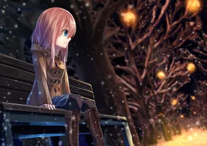 Anime Girl Sad Alone On Park Bench Wallpaper