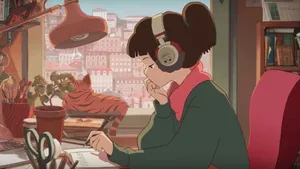 Anime Girl With Headphones Study Aesthetic Wallpaper