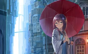 Anime Girl With Red Umbrella Rainy Cityscape Wallpaper