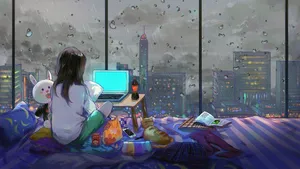 Anime Girl Works On Laptop With Overlooking City Wallpaper