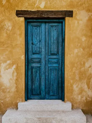 Antique Wooden Blue Double Door Wallpaper