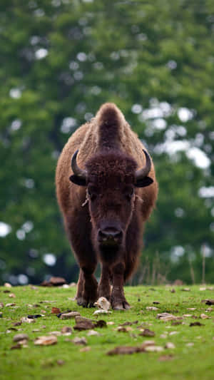 Approaching Bisonin Grassy Field Wallpaper