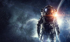 Astronaut Between Moon And Earth Wallpaper
