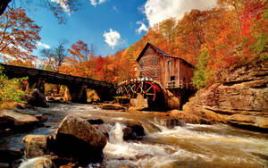 Autumn River Landscape And House Wallpaper