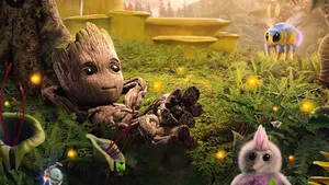 Baby Groot Relaxing In A Garden Wallpaper