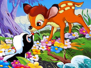 Bambi And Flower In Garden Wallpaper