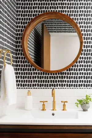 Bathroom Circular Wooden Mirror Wallpaper