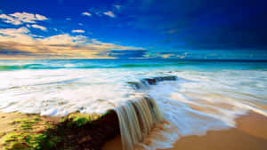 Beach Scene Waterfall Blue Skies Wallpaper