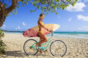 Beach Woman Bikini Bike And Surfboard Wallpaper