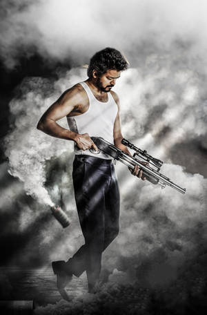 Beast Vijay With Smoke Gas Wallpaper