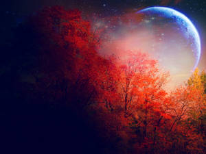 Beautiful Full Moon Autumn Trees Wallpaper