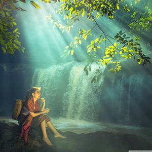 Beautiful Girl Near Waterfalls Wallpaper