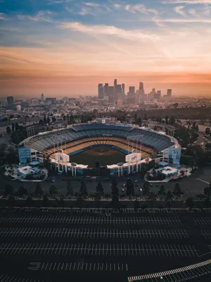 Beautiful Los Angeles Skyline With Dodger Stadium In The Foreground Wallpaper