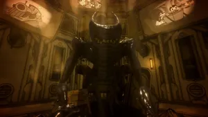 Bendy In His Iconic Pose Amid A Gloomy Atmosphere Wallpaper