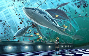 Big Whales In Tunnel Aquarium Wallpaper