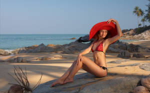 Bikini Girl Wearing A Red Hat Wallpaper