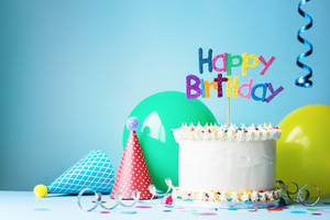 Birthday Cake Balloons And Party Hat Wallpaper