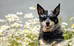 Black Gray Dog With Sunglasses In Daisies Wallpaper