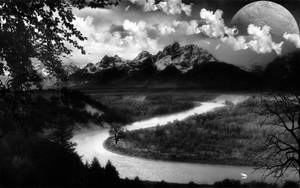 Blank And White River And Mountains Art Wallpaper