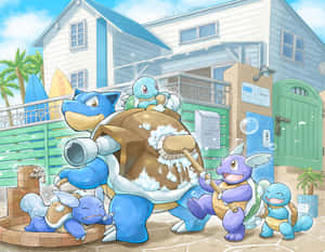 Blastoise, Wartortle, And Squirtle Bathing Wallpaper