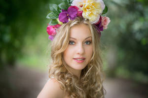 Blonde Female Model Big Flowers Wallpaper