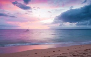 Blue And Purple Sunset With A Boat Wallpaper