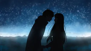 Blue Anime Aesthetic Desktop Couple Almost Kissing Starry Sky Wallpaper