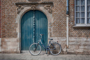 Blue Arched Door With Japanese Bike Wallpaper