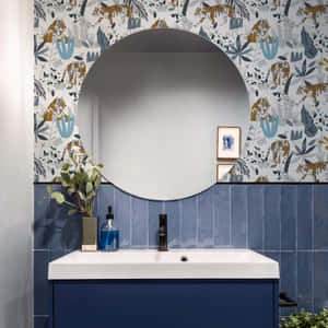 Blue Bathroom Tiger Patterned Walls Wallpaper