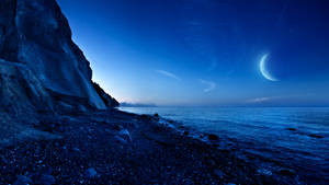 Blue Seashore Crescent Moon Wallpaper