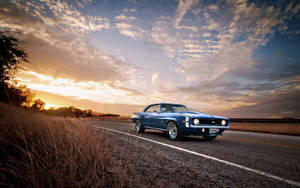 Blue Striped Chevrolet Camaro Muscle Car Wallpaper