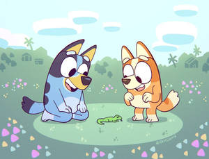 Bluey And Bingo Looking At Lizard Wallpaper