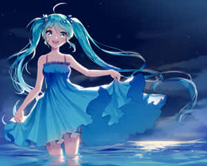 Blushing Hatsune Miku In Blue Dress Wallpaper