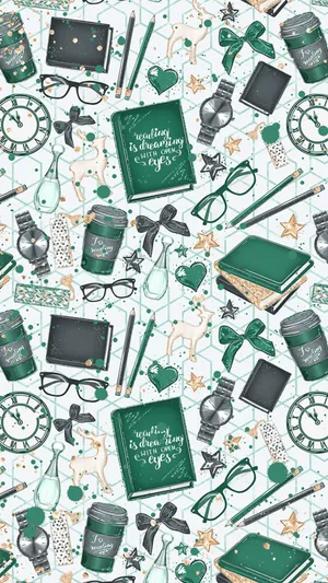 Books Iphone Green Pattern Aesthetic Wallpaper