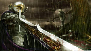 Brave Knight Holds Sword In Hand, Standing Before A Stormy Sky. Wallpaper