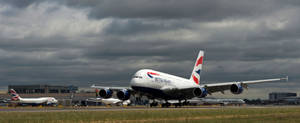 British Airways Runway With Dark Clouds Wallpaper